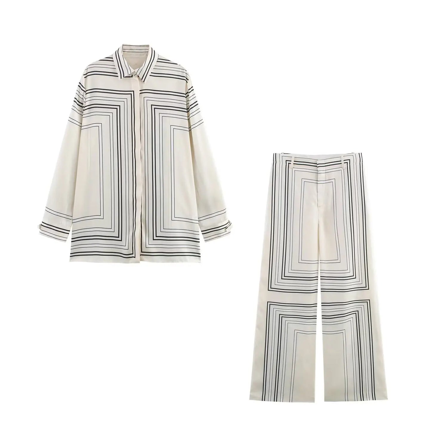 Slim Print Shirt & High Waist Loose Pants 2-Piece Set