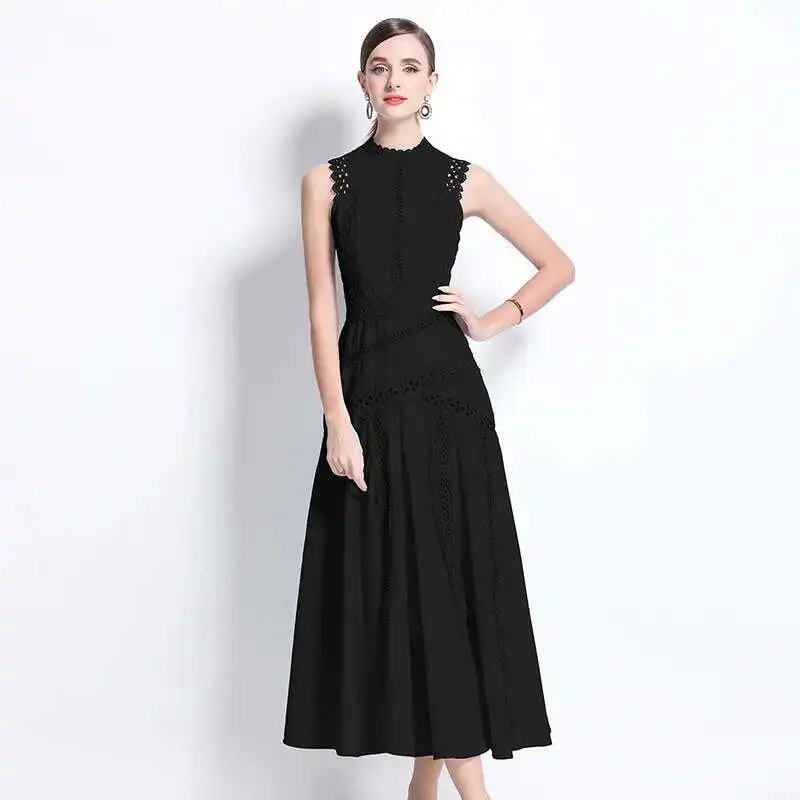 Elegant Lace Hollow Out Maxi Dress | Sleeveless Embroidered