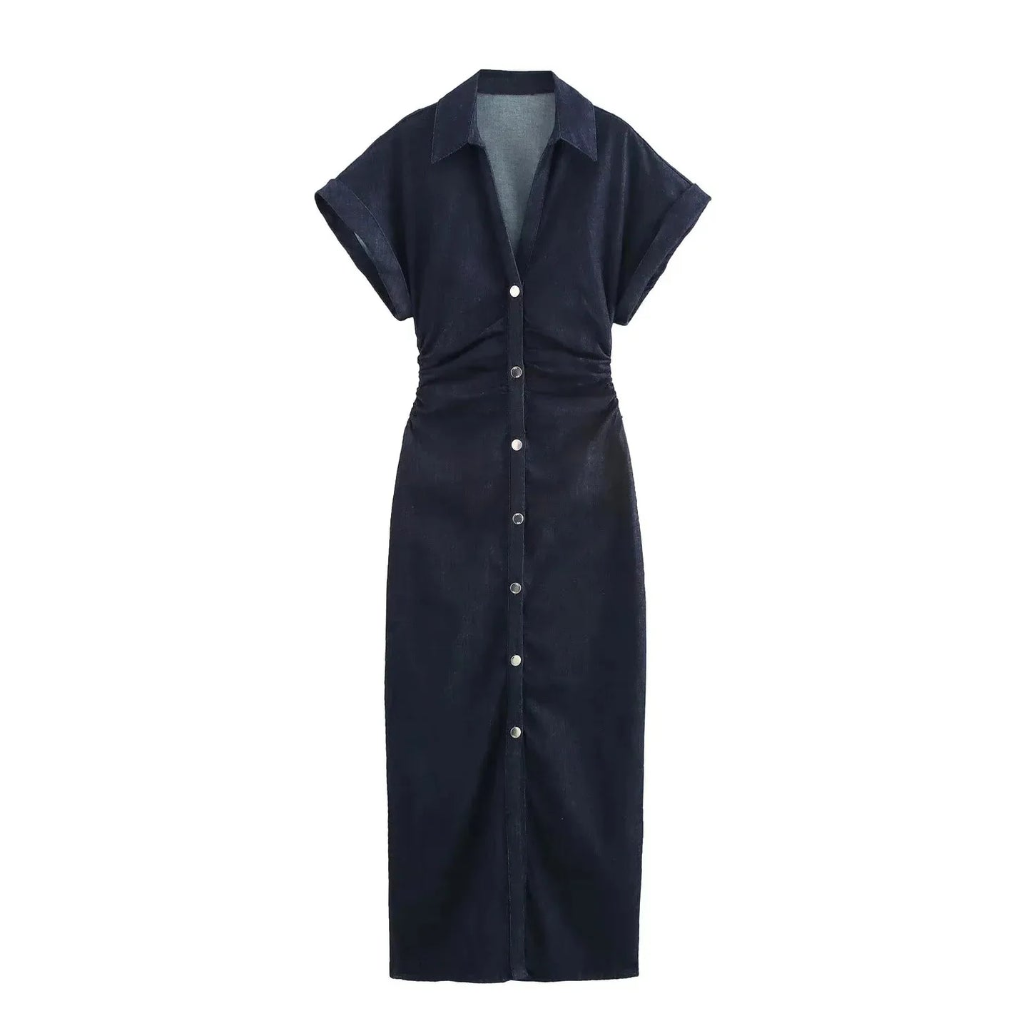 Denim Midi Dress for Women – Casual Ruched Short Sleeve