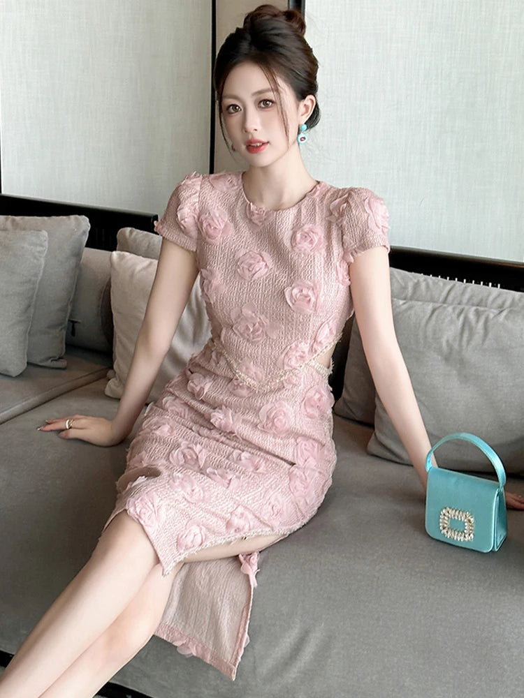 Knitted Floral Evening Dress | Hollow Short Sleeve Skinny