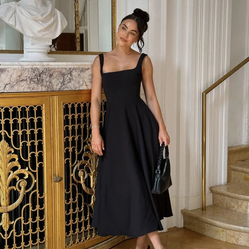 Solid Long Dress – Square Neck Sleeveless Suspender