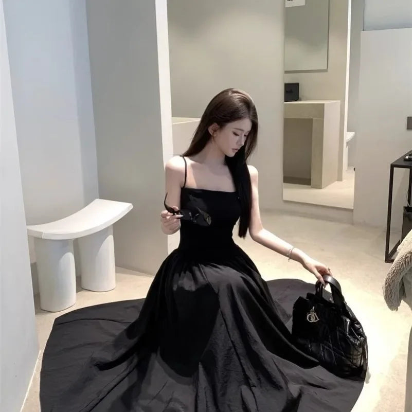 Suspender Dress – Backless Cinched Waist A-line Maxi Dress