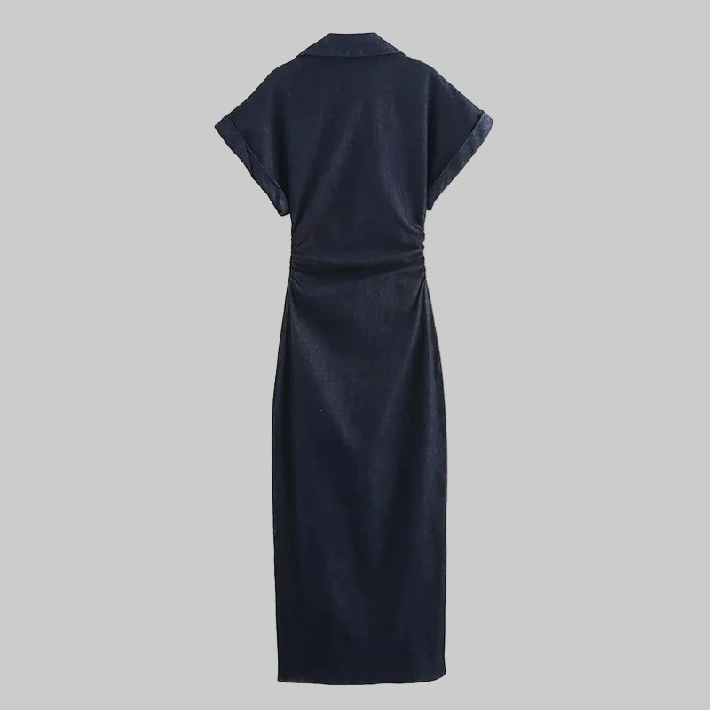 Denim Midi Dress for Women – Casual Ruched Short Sleeve