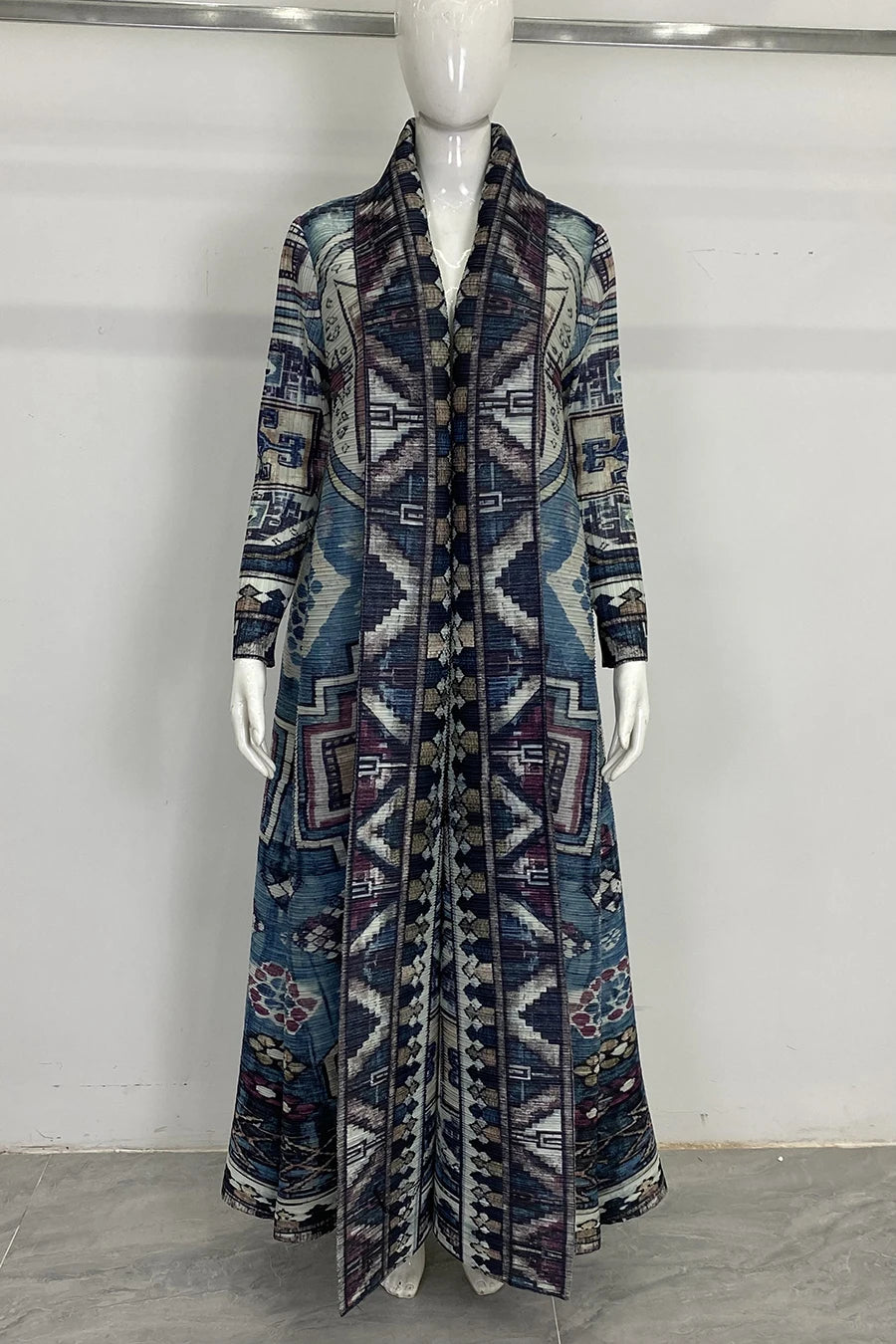Pleated Printed Maxi Dress | Vintage Collar Loose Coat Dress