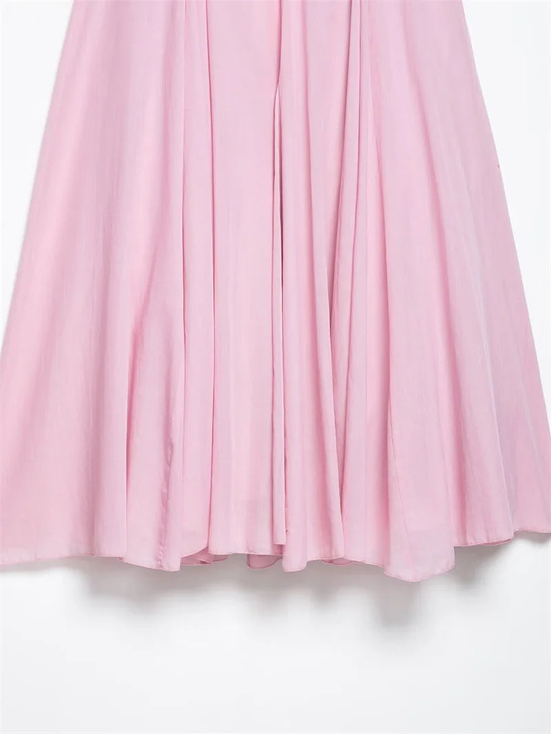 Women’s Pink Pleated Midi Skirt – Casual A-line Slim Fit