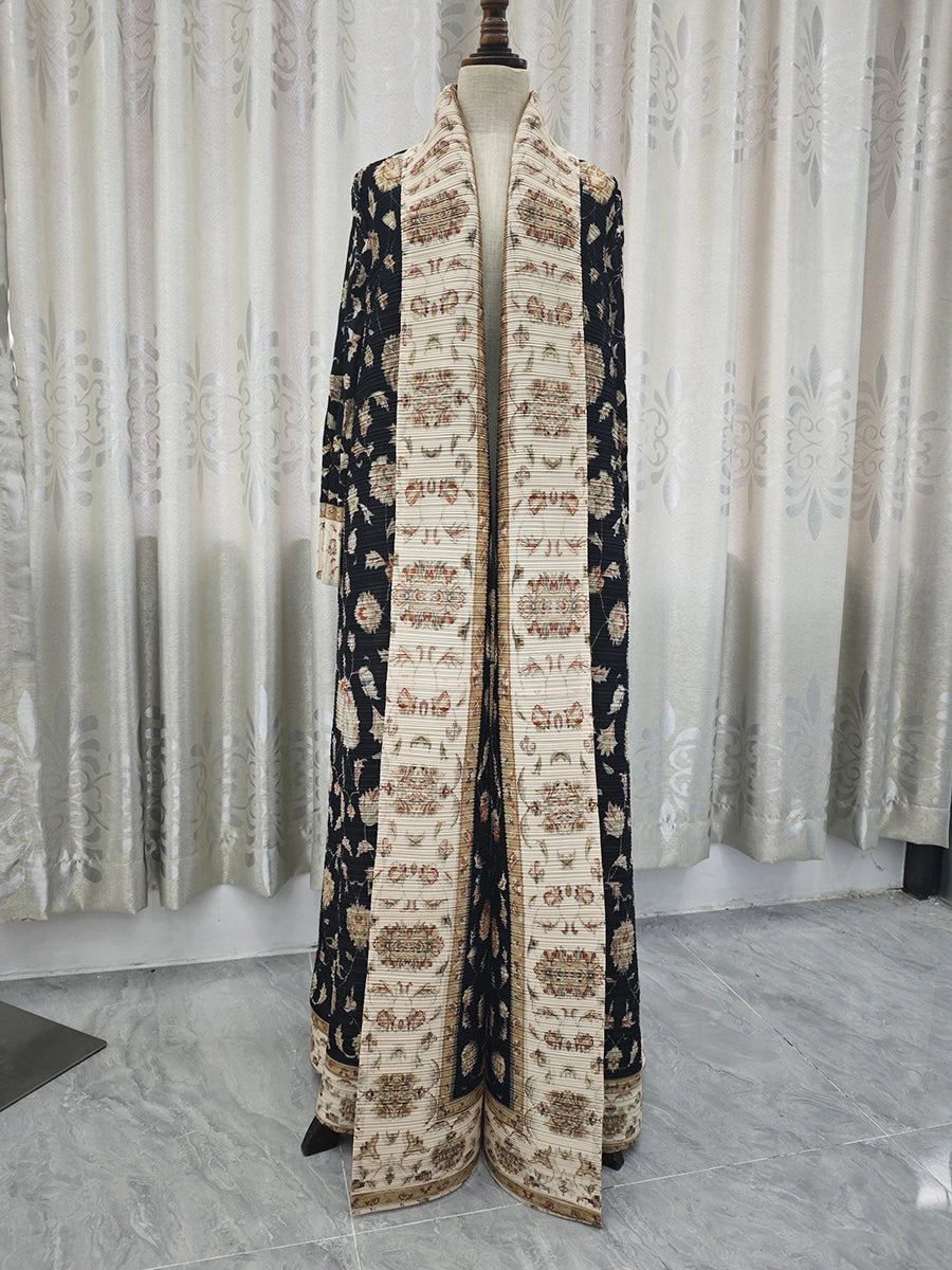 Pleated Printed Maxi Dress | Vintage Collar Loose Coat Dress