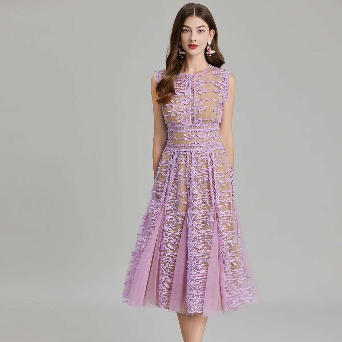 Luxury Mesh Embroidered Flower Midi Dress – Women’s Sleeveless O-Neck Lace