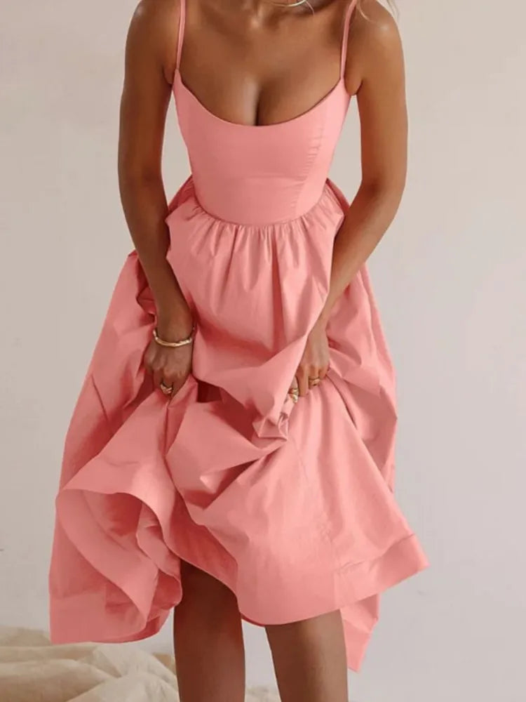 Spaghetti Strap Midi Dress U-Neck Sleeveless Solid A-Line