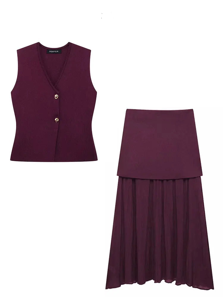 Wine Red Knitted Skirt Set – V-Neck Sleeveless Vest + High Waist Long Skirt