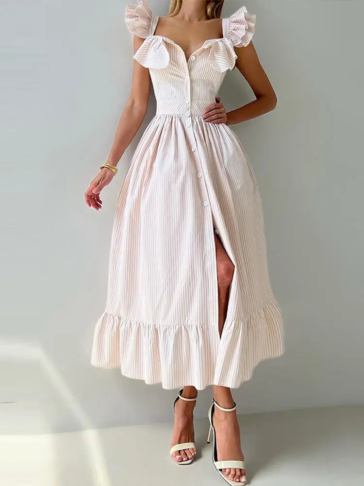 V-neck Sleeveless Draped Front Split Summer Party Dress