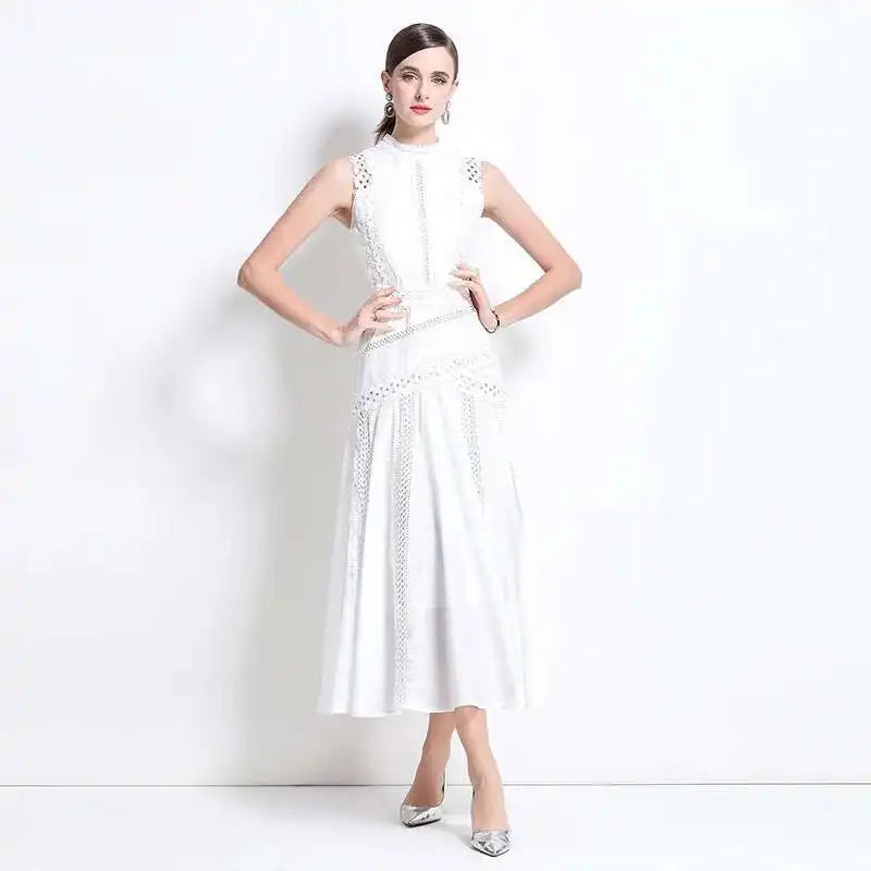 Elegant Lace Hollow Out Maxi Dress | Sleeveless Embroidered