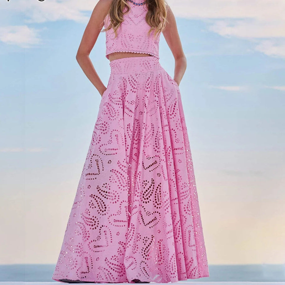 O-Neck Sleeveless Hollow-Out Top & High Waist Skirt