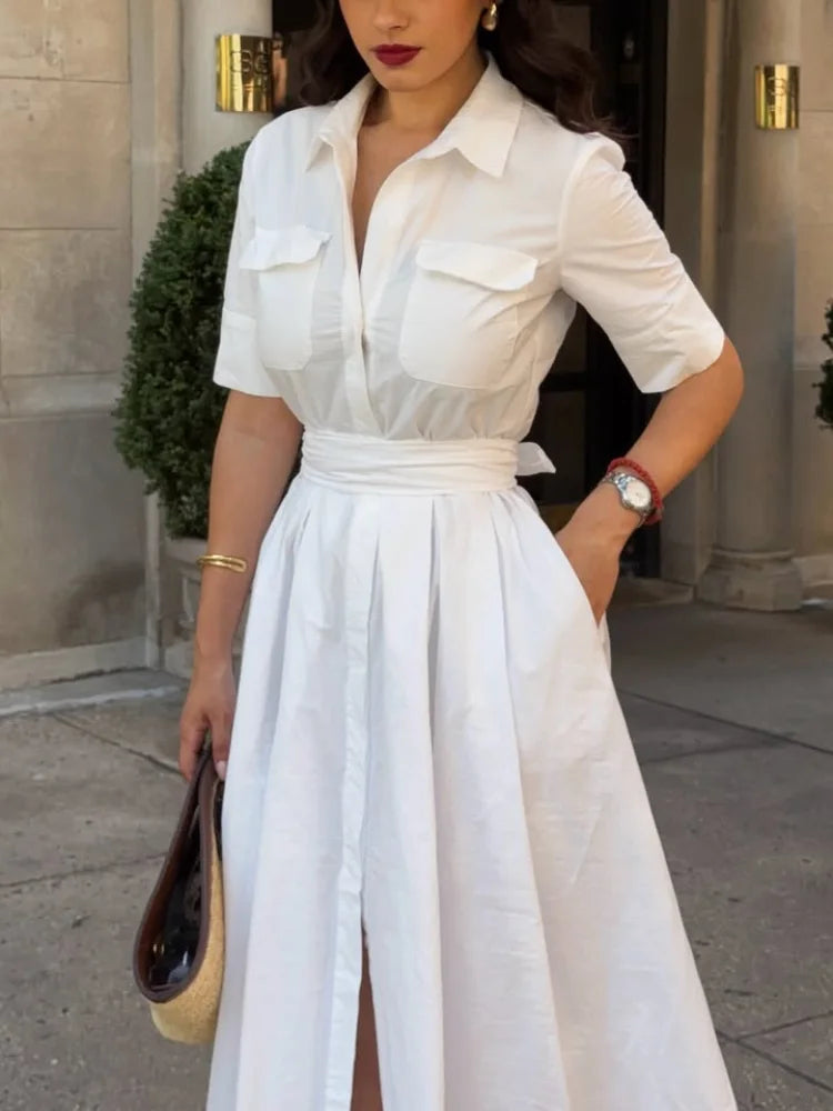 Casual Shirt Dress Women Lapel Pocket Short Sleeve Slim