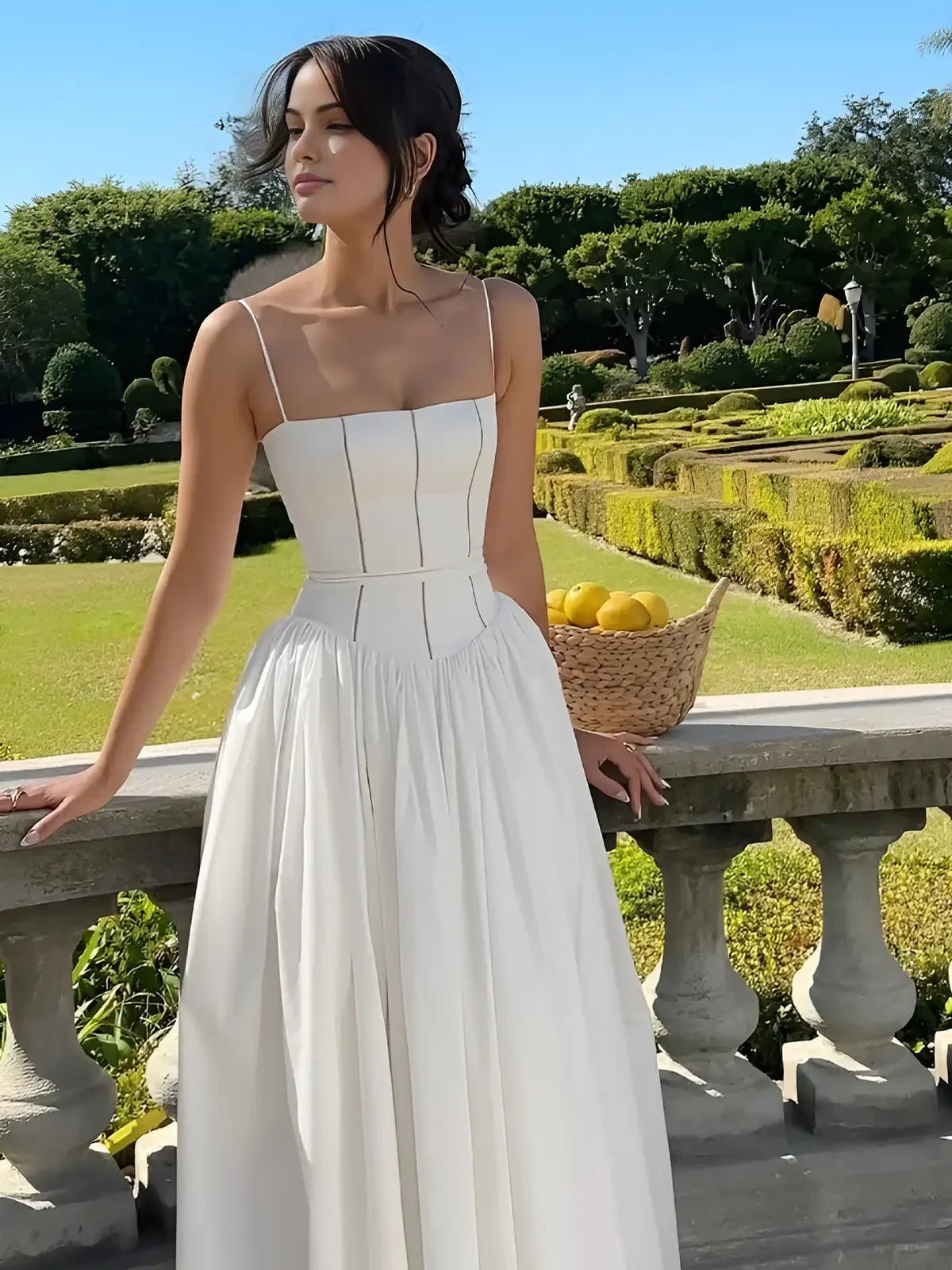 Elegant White Corset Detail Spaghetti Strap Dress