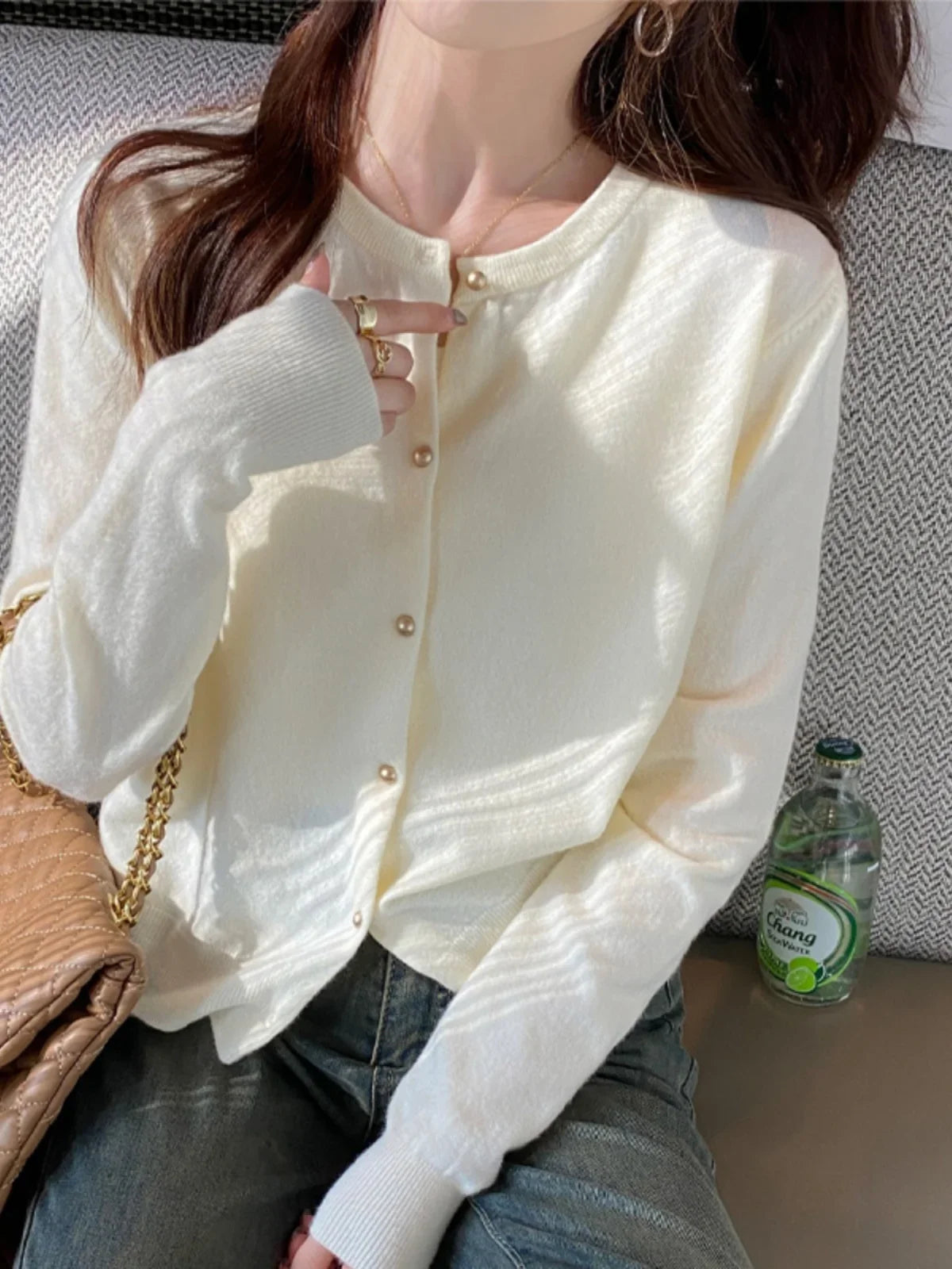 Korean-style Solid Color Cardigan | Knit Round Neck Long Sleeve