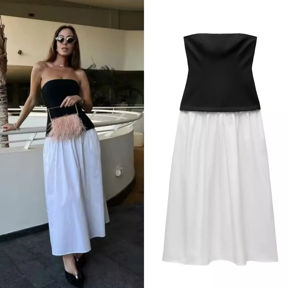 Spring Strapless Dress – Elegant Color Contrast Patchwork