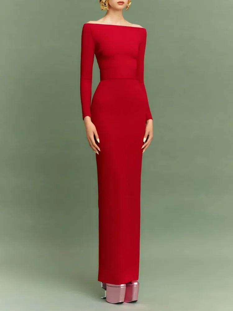 Elegant Red Off-Shoulder Satin Dress | Long Sleeve Form-Fitting