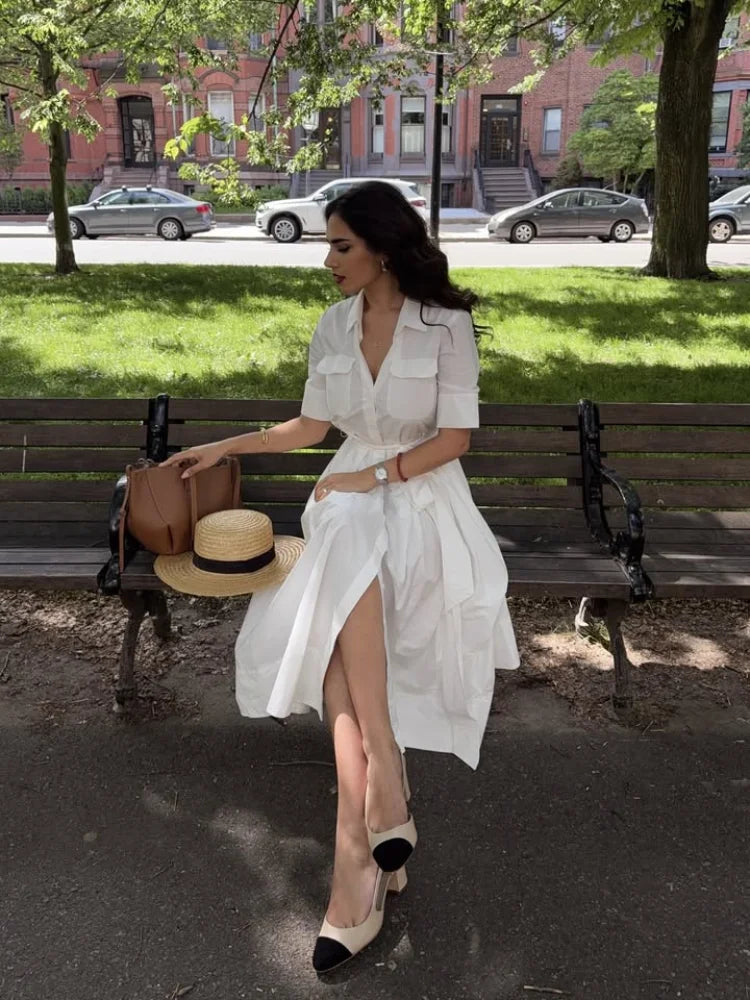 Casual Shirt Dress Women Lapel Pocket Short Sleeve Slim