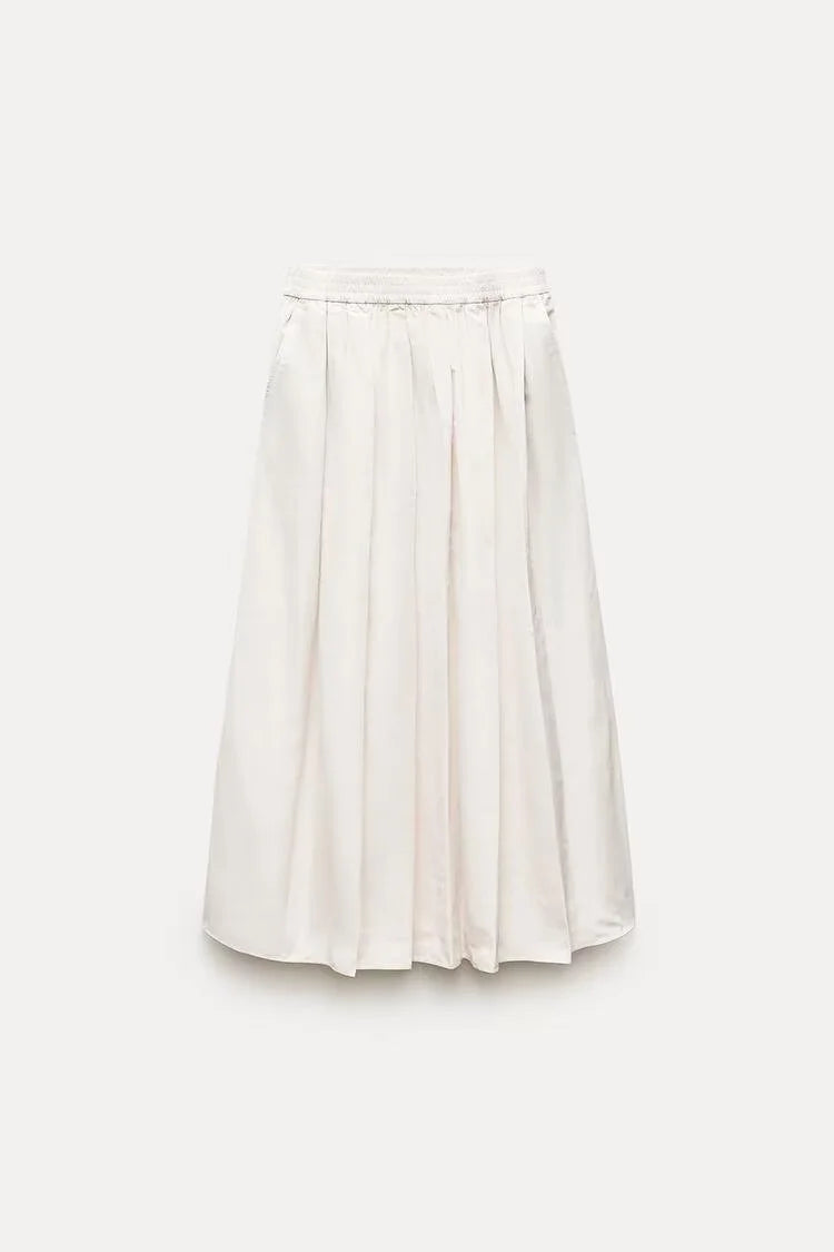 Fluffy Sleeve Shirt & Wide Swing Midi Skirt Set