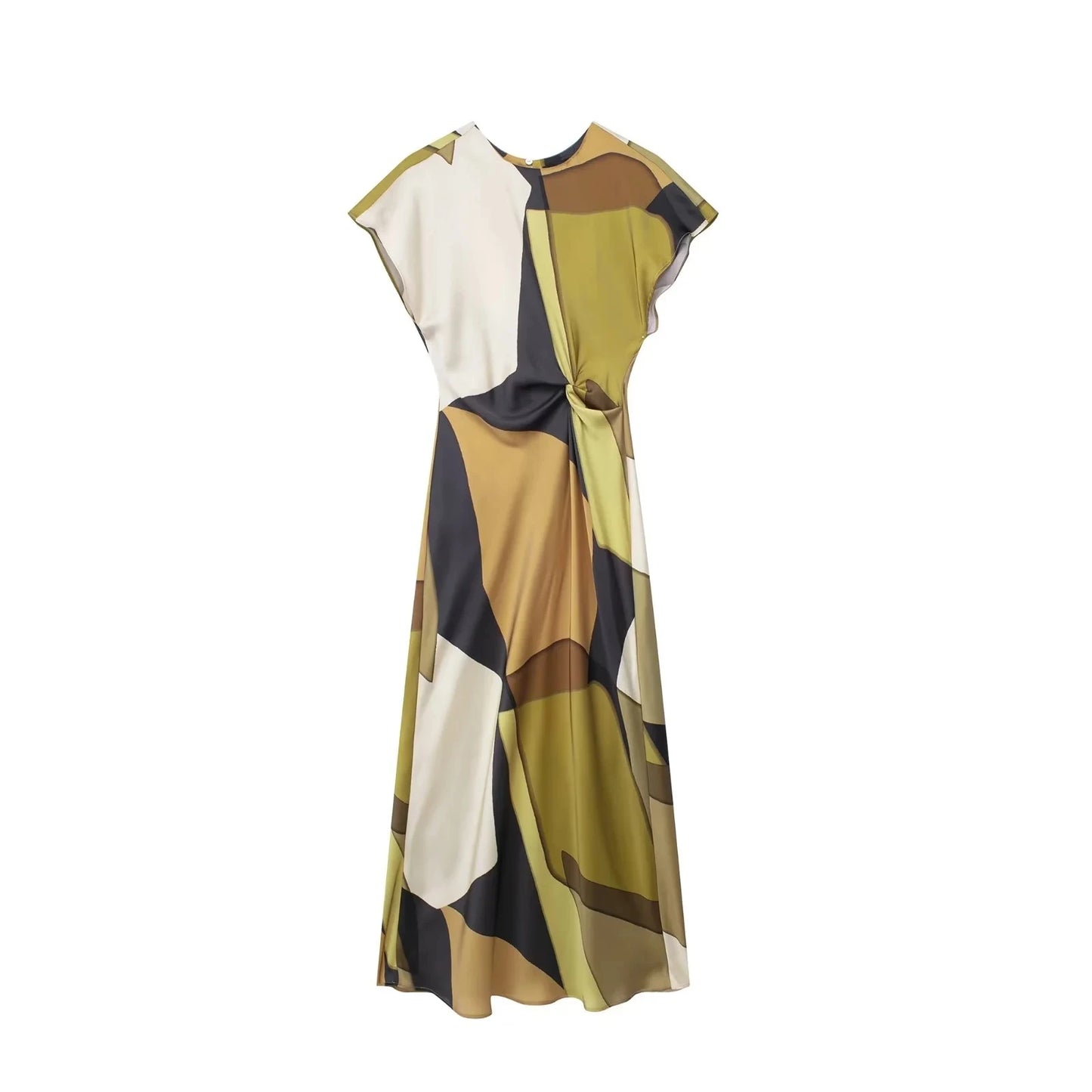 Women’s Vintage Print Midi Dress – O-Neck Waist Cinched