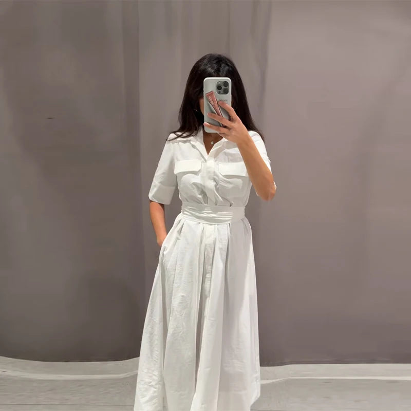 Casual Striped Summer Dress | Lapel Long Dress with Half Sleeves