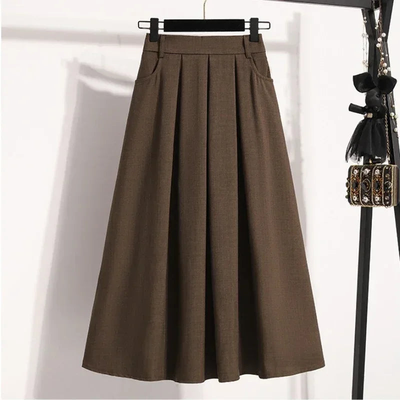 Solid Color Pleated A-Line Skirt – Plus Size Medium Length Half Skirt