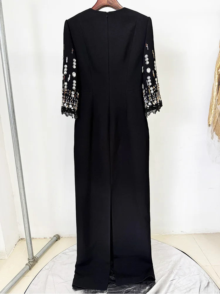 HIGH STREET Newest Fashion 2025 S/S Designer Vestido Women's Half Sleeve Stunning Beaded Long Maxi Dress