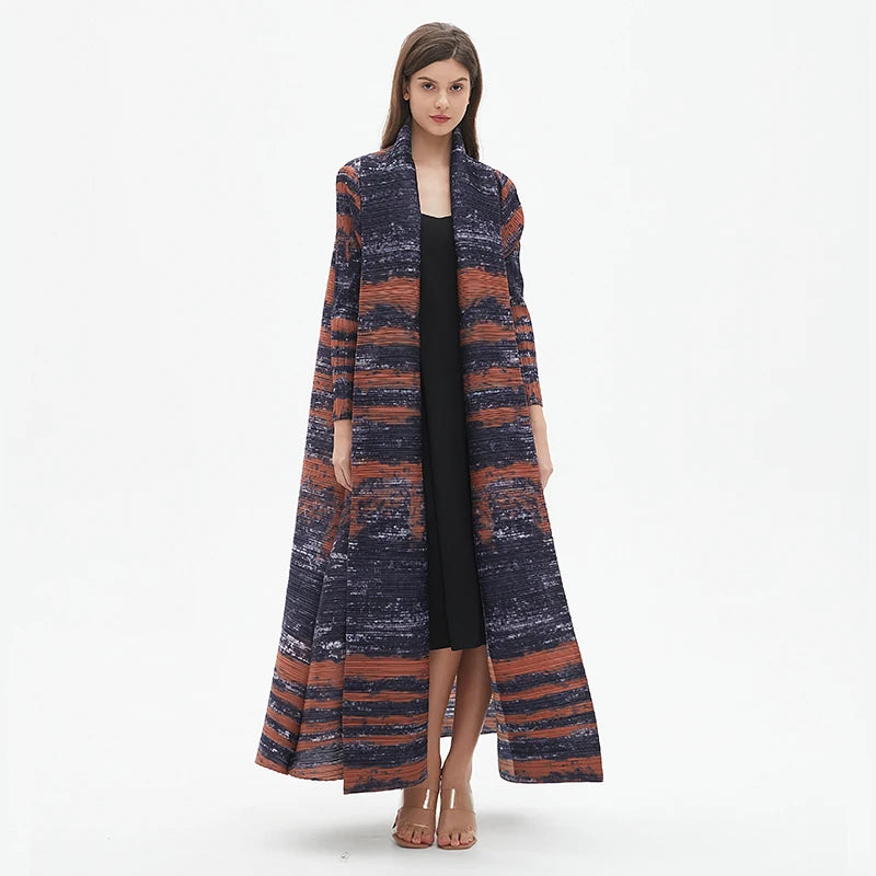 Pleated Long Trench Coat | Elegant Cape-Print Robe Coat