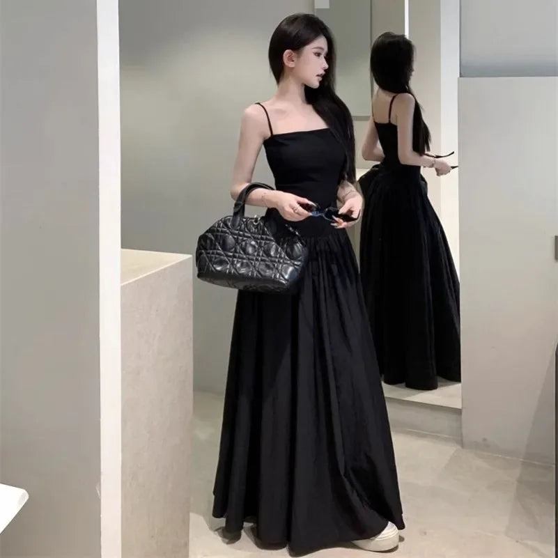 Suspender Dress – Backless Cinched Waist A-line Maxi Dress