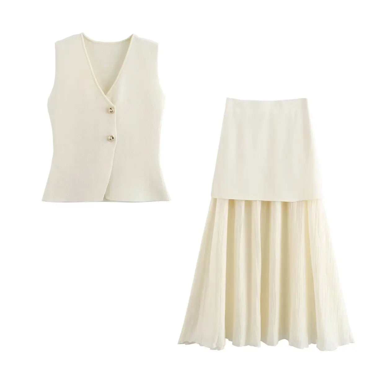 Wine Red Knitted Skirt Set – V-Neck Sleeveless Vest + High Waist Long Skirt