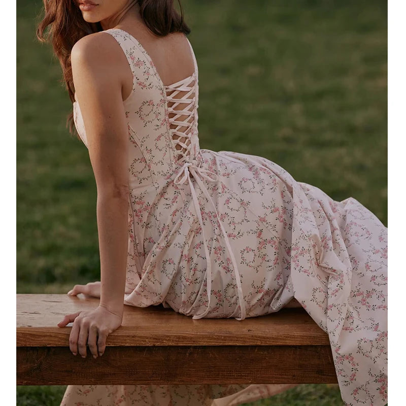 Floral Print Lace-Up Midi Dress – Women’s Elegant Square Neck A-Line