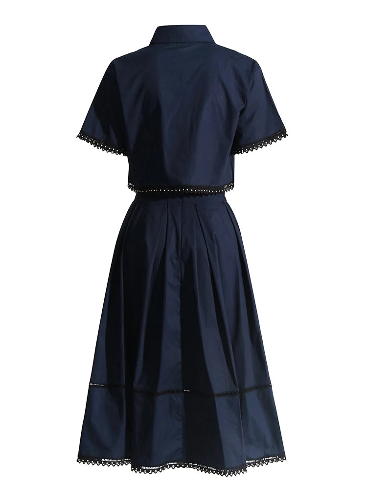 Lapel Short Sleeve Top & High Waist A-Line Skirt Set