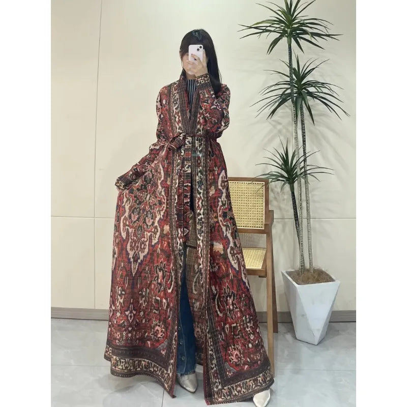 Pleated Long Trench Coat | Elegant Cape-Print Robe Coat