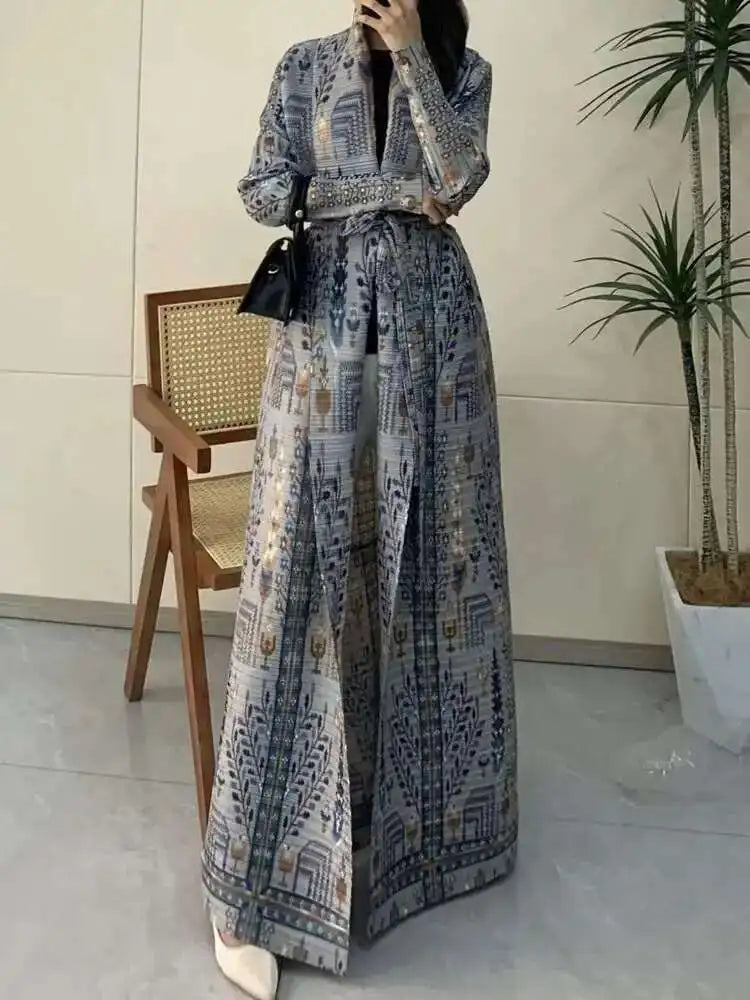 Printed Pleated Coat with Belt | Loose Long Contrast Color Coat