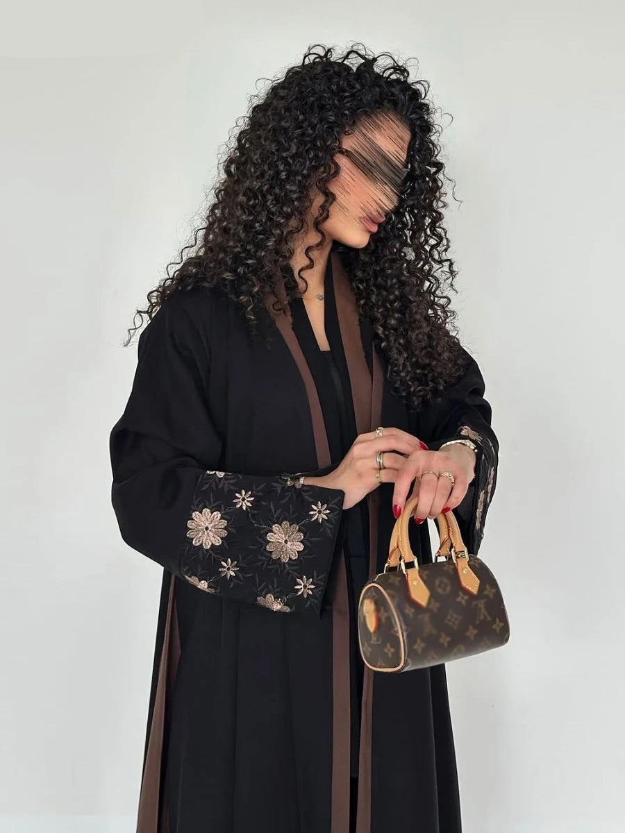Embroidered Open Abaya | Elegant Patchwork Loose Kaftan
