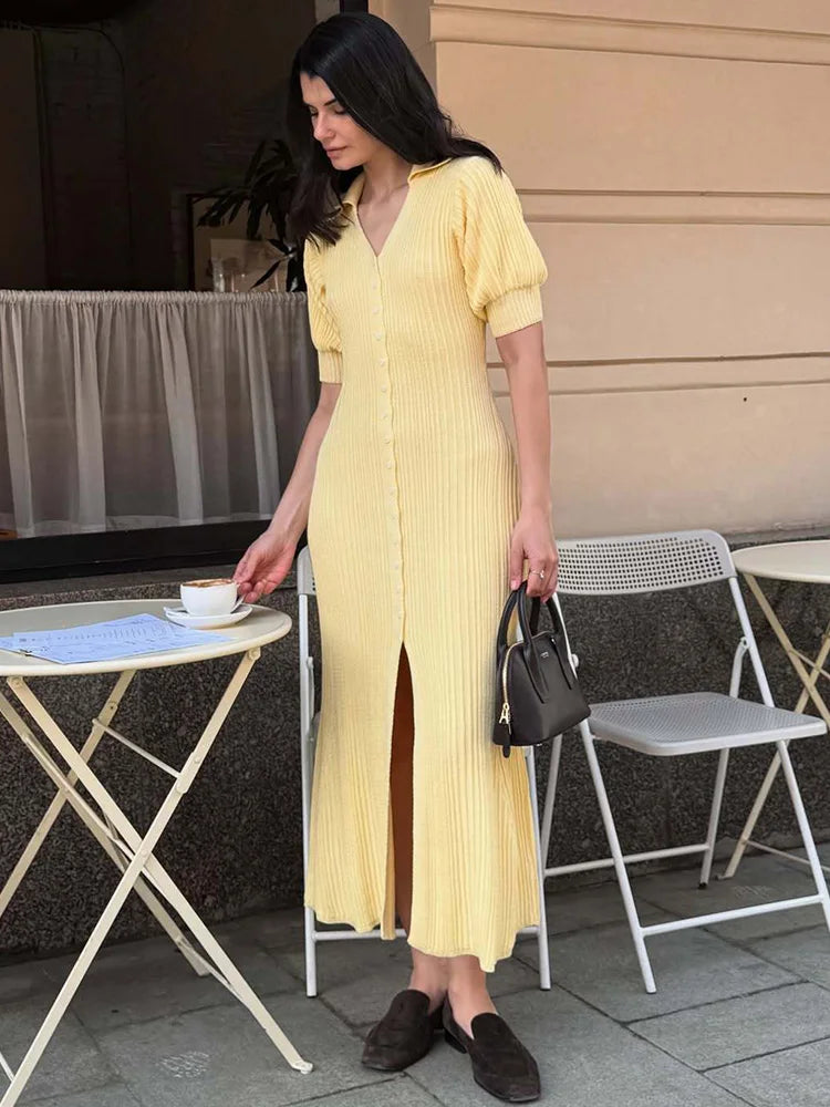 Slit Long Cardigan Knit Dress – Women’s Patchwork Maxi Dress