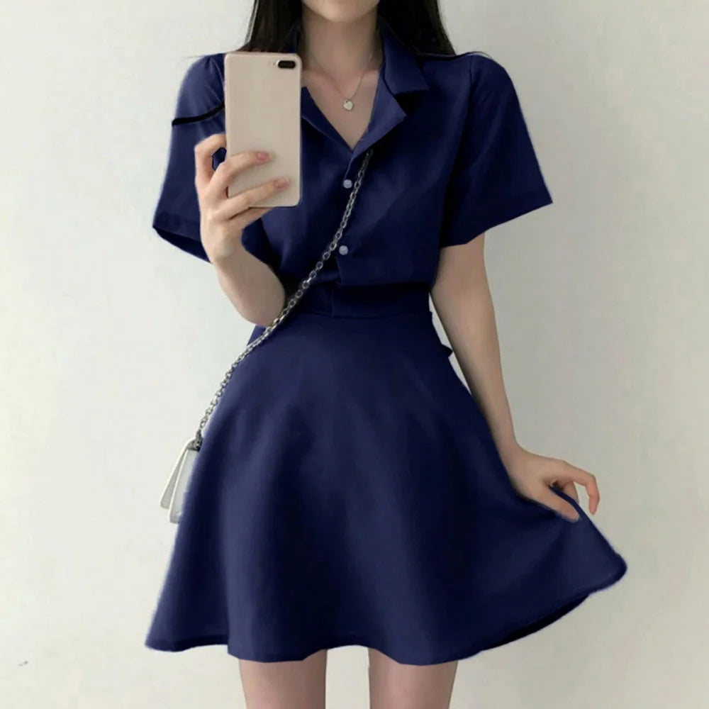 Pullover Solid Color Short Sleeve Dress | Casual Button Skirt Dress