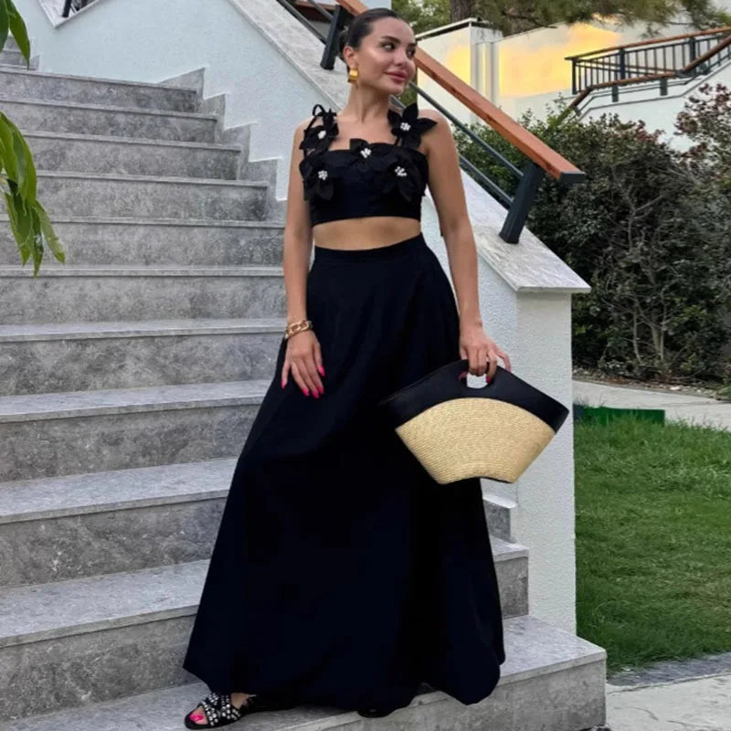 3D Printed Women’s Skirt Set – Sleeveless Crop Top & Maxi Skirt