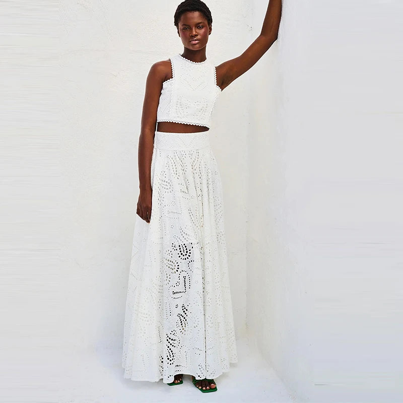 Hollow Out Sleeveless Top & Embroidered Skirt Set | Women’s Casual Outfit
