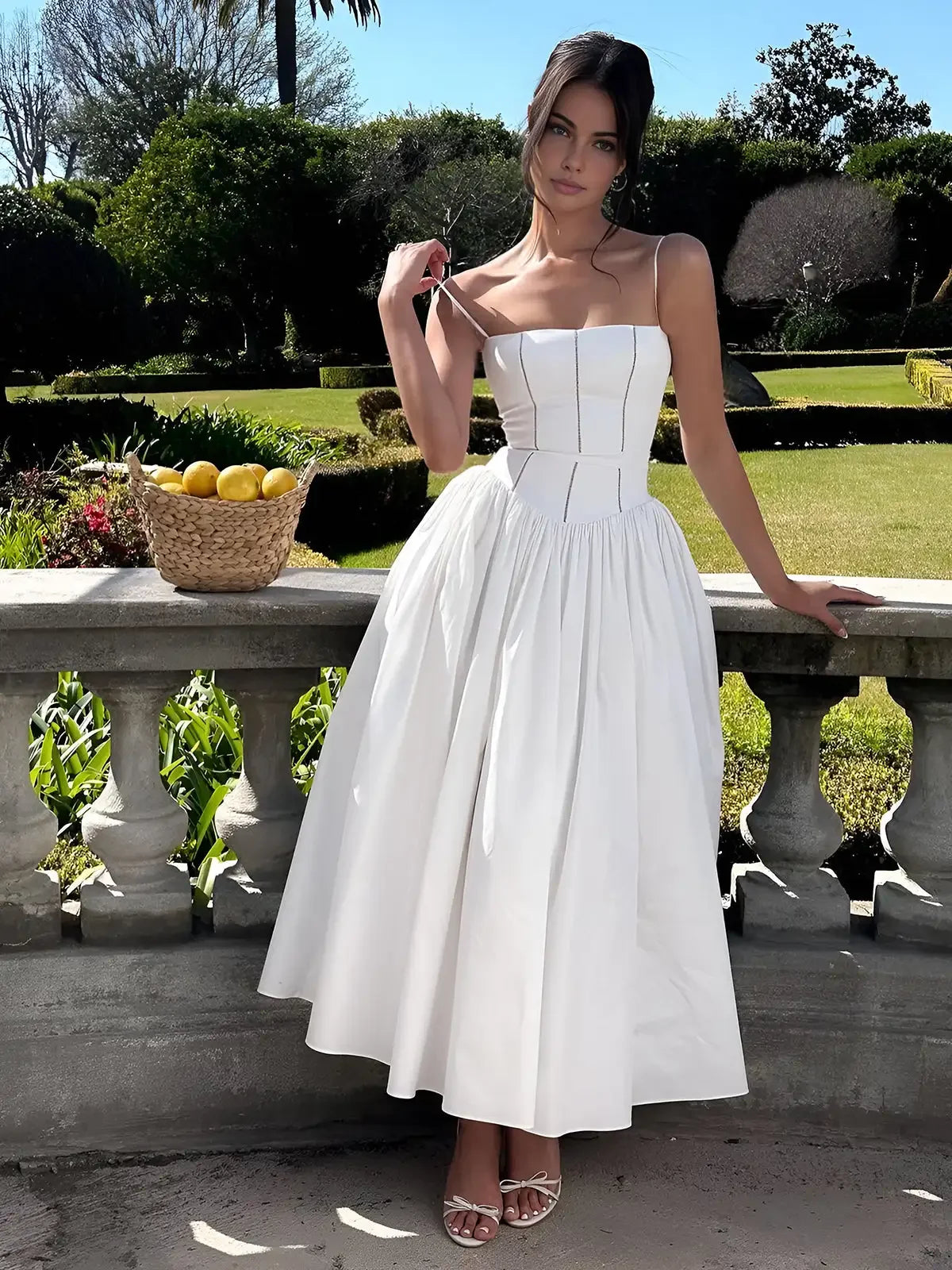 Elegant White Corset Detail Spaghetti Strap Dress