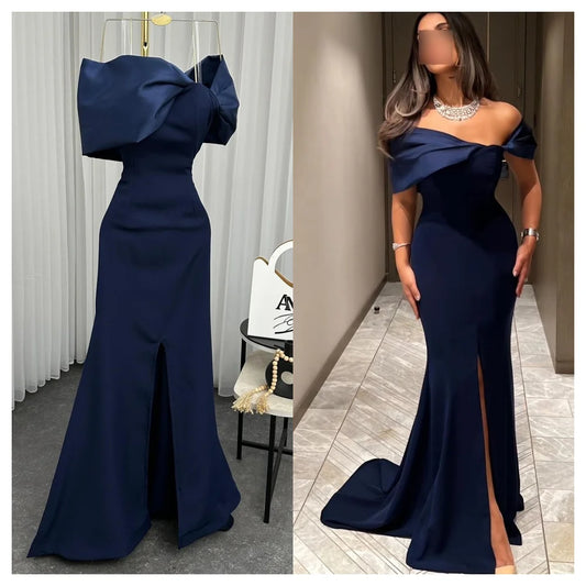 Customized Mermaid Blue Jersey Dress – Off-Shoulder Boat Neck