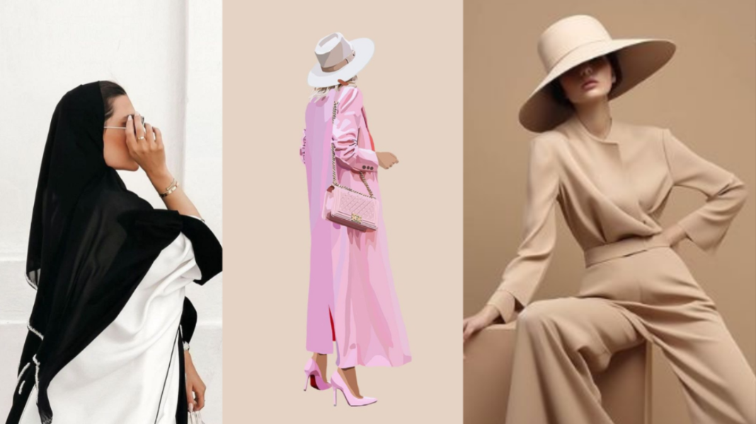 Three women in different outfits on a beige background