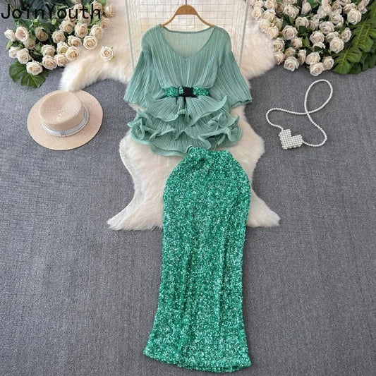 V-Neck Short Sleeve Top & High Waist Skirt Two-Piece Set