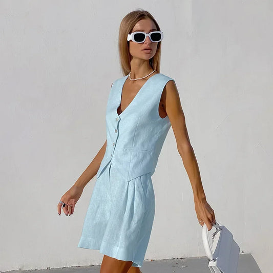 2023 Design Cotton Linen Suit Vest Suit Women's Summer Casual Sleeveless Vest Shorts Two-piece Set костюм женский летний