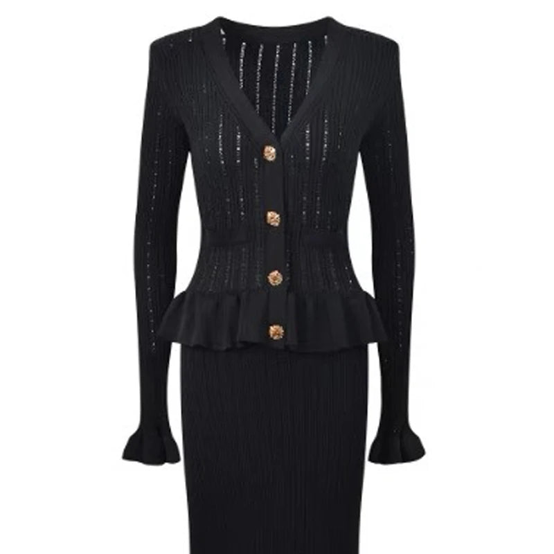 Knitted Maxi Dress Women Elegant V-neck Ruffled Slim Waist