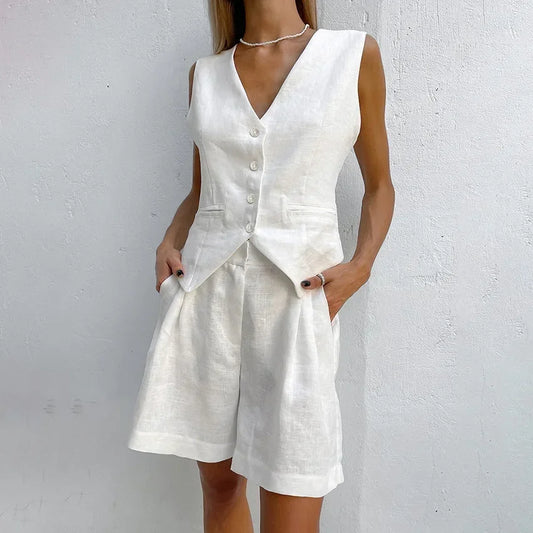 2023 Design Cotton Linen Suit Vest Suit Women's Summer Casual Sleeveless Vest Shorts Two-piece Set костюм женский летний