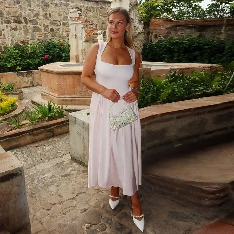 Elegant Pleated Square Neck Sleeveless Slim A-Line Maxi Dress