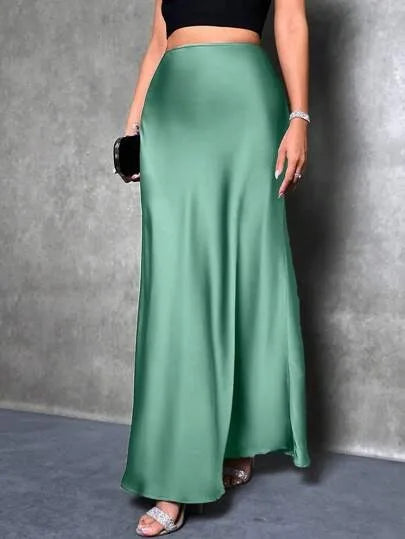Elegant Satin High Waisted Maxi Skirt | A Line Long Skirts