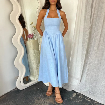 2025 Spring Summer Casual Vacation Solid Color High Waist Sleeveless Hanging Neck Dresses for Women Dress Women Female Clothing
