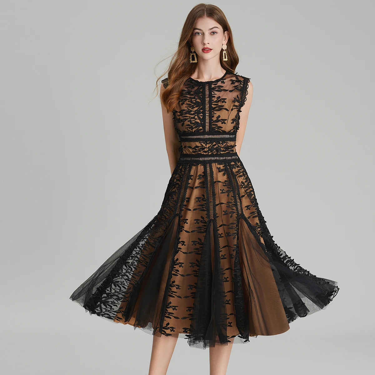 Luxury Mesh Embroidered Flower Midi Dress – Women’s Sleeveless O-Neck Lace